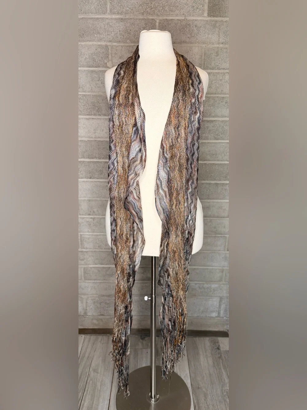 Zigzag Open Knit Scarf Shawl Wrap Brown Gray Orange Fringe Boho Lightweight